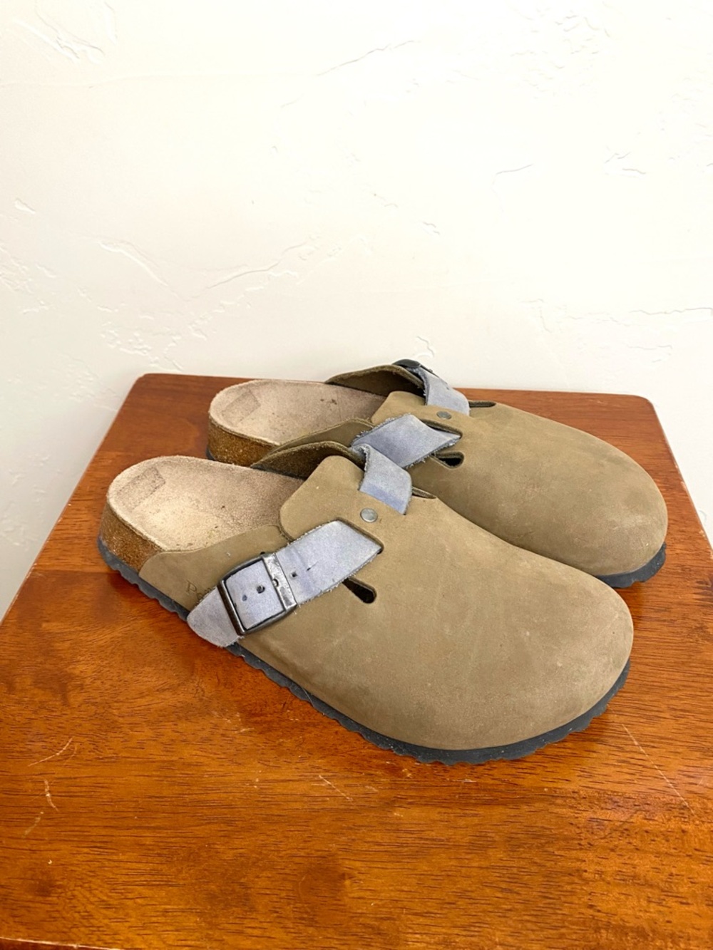 Birkenstock Papillo 37 Boston Suede Clogs in Tan Rare Gray-Blue Top Strap